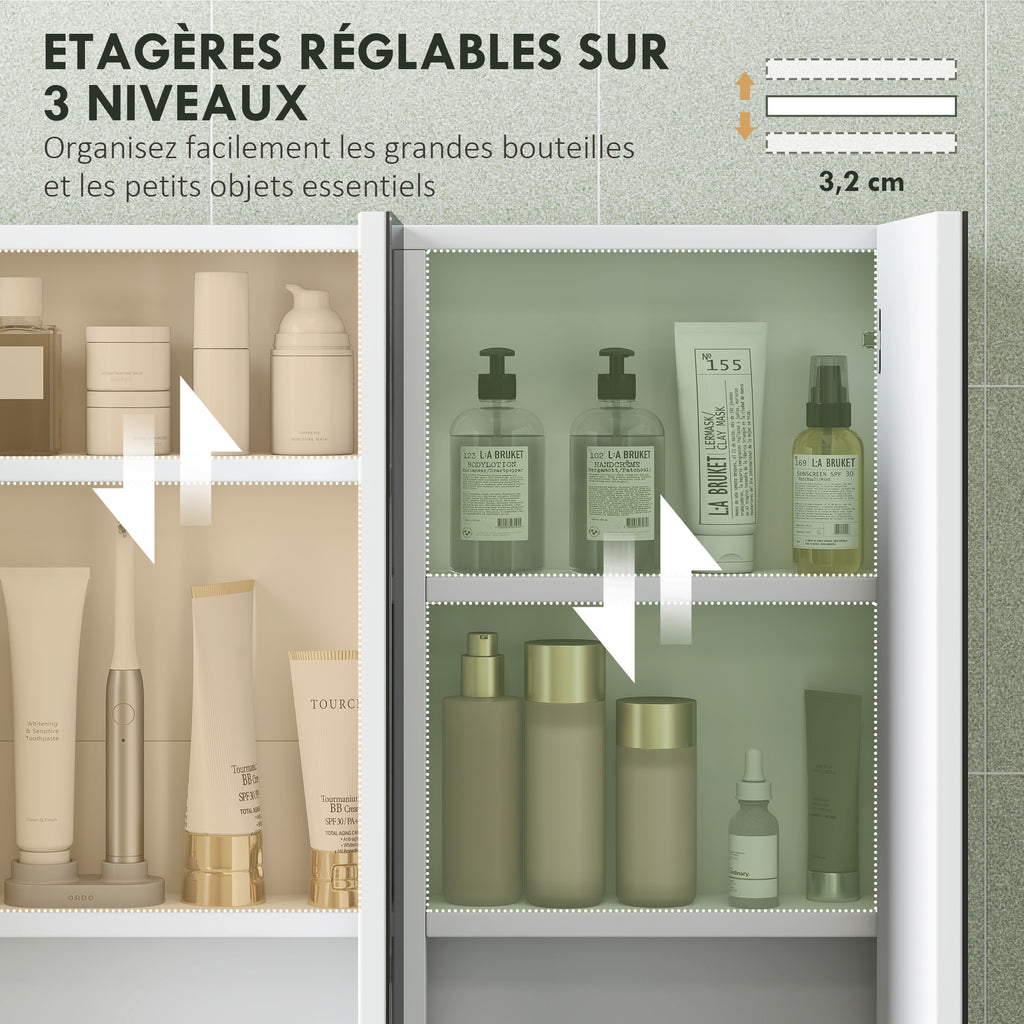 Armoire murale salle de bain avec miroir, armoire de toilette 3 portes miroir, étagères réglables, 91,5x11,5x65cm, blanc-4