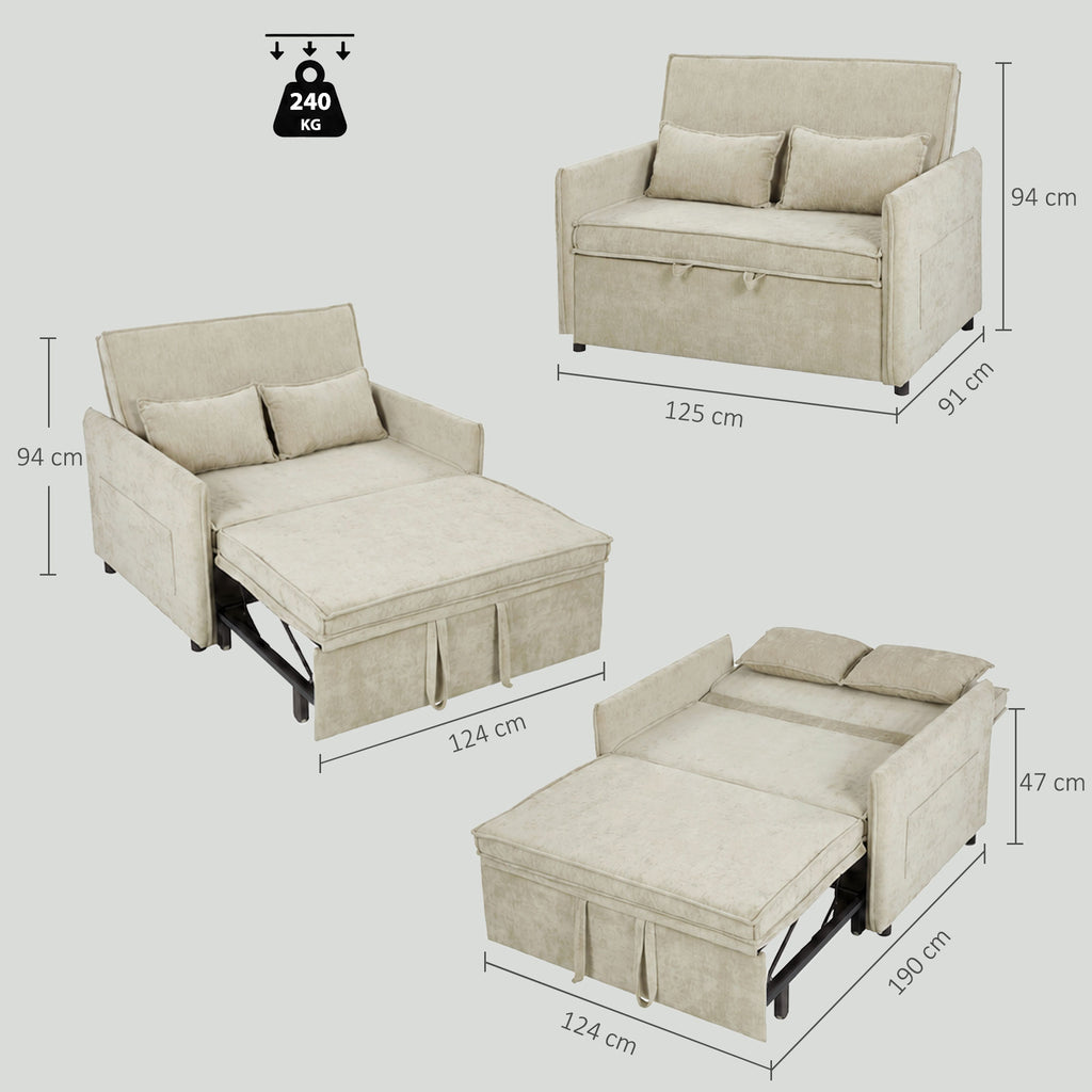 Canapé Convertible 2 Places, Canapé-Lit 3 en 1 Chenille 125 cm avec Dossier Réglable, Assise Large, 2 Oreillers, Crème-2