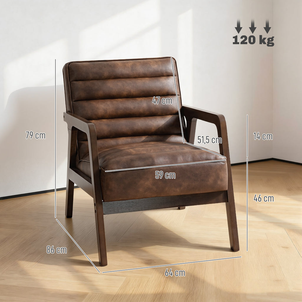 Fauteuil salon, fauteuil d'appoint rembourré en PU avec large assise, coussin épais et structure en bois massif, marron-2