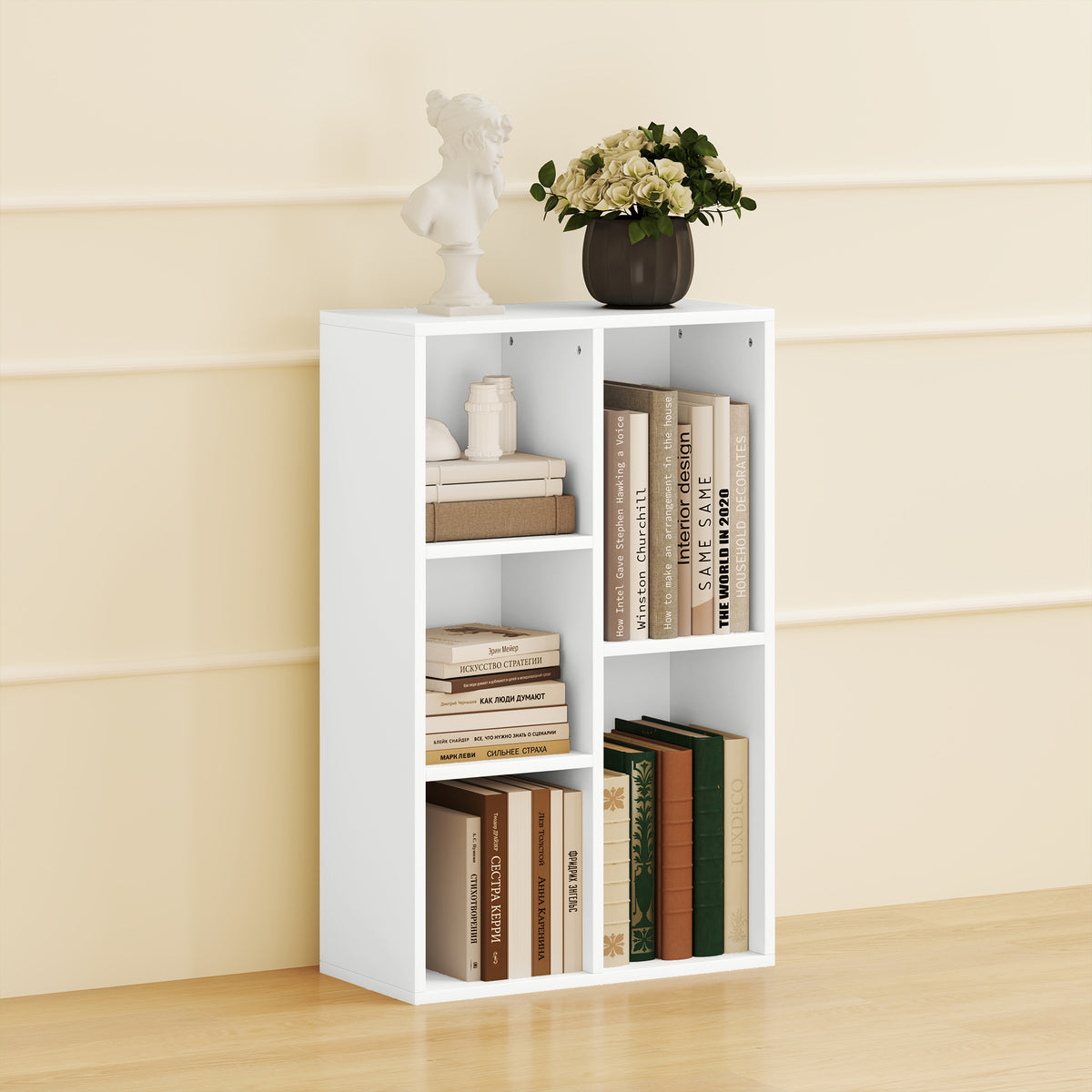 Bibliothèque étagère de rangement avec 5 compartiments, pour salon chambre à coucher bureau, 50x24x80cm, blanc-6