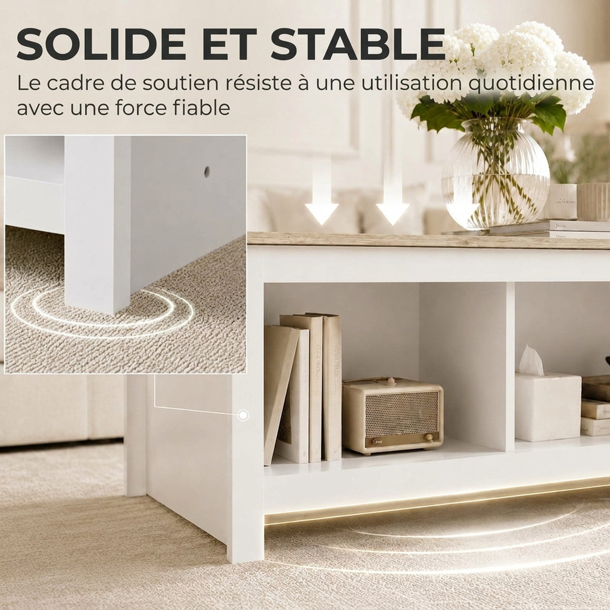Table Basse Rectangulaire, Table de Salon Moderne avec 4 Compartiments Ouverts, 110 x 55 x 45,5 cm, Chêne et Blanc-6