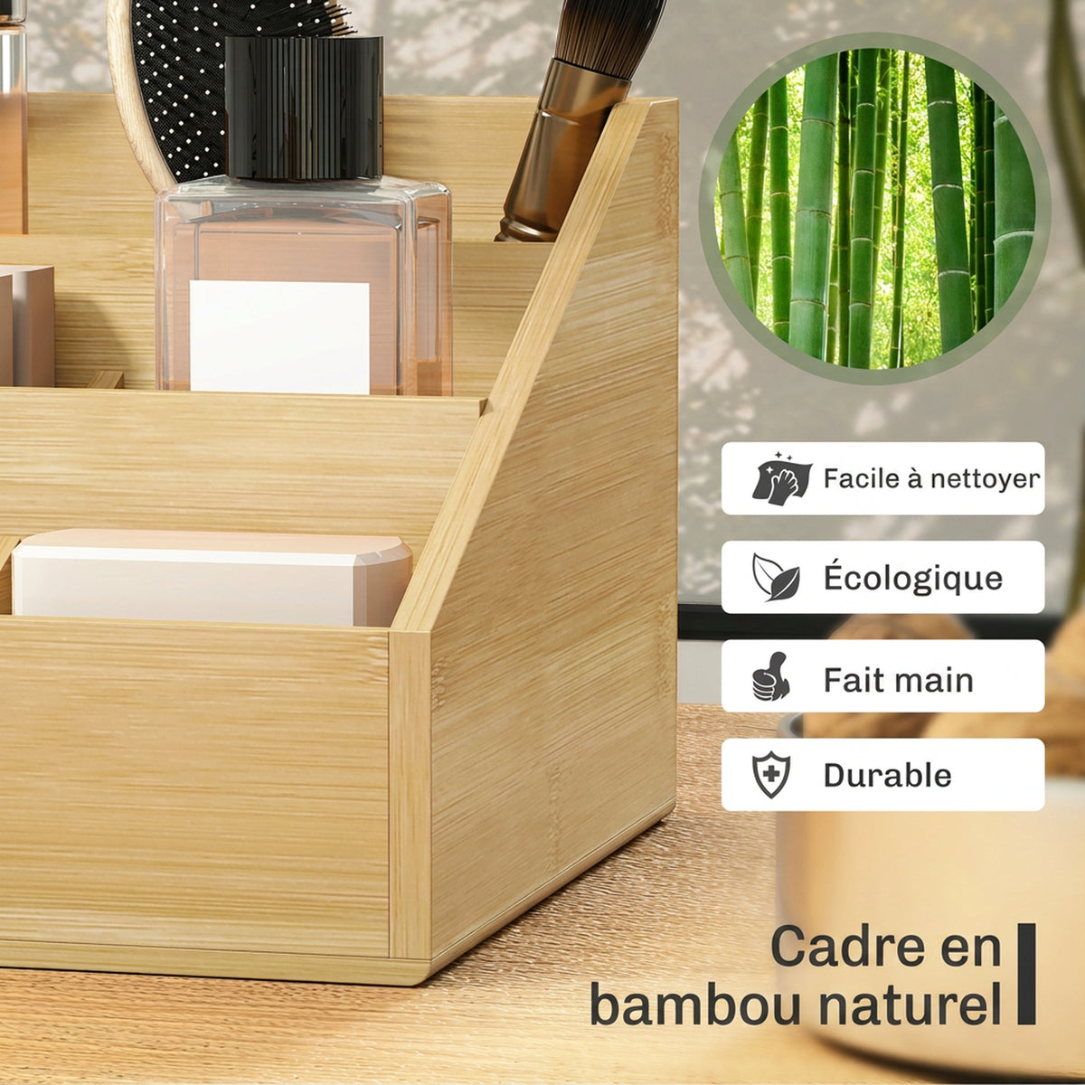Boite de Rangement de Bureau - Organiseur de Bureau - 7 Compartiments, 2 tiroirs - Bambou Verni, Bambou-4