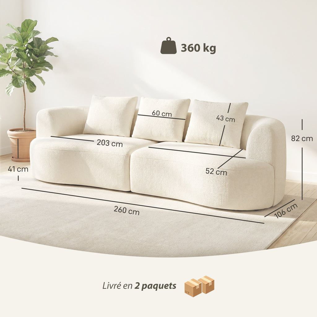 Canapé 3 places en chenille 260 cm, canapé salon, assise large, 3 coussins, pas de montage nécessaire, crème-2