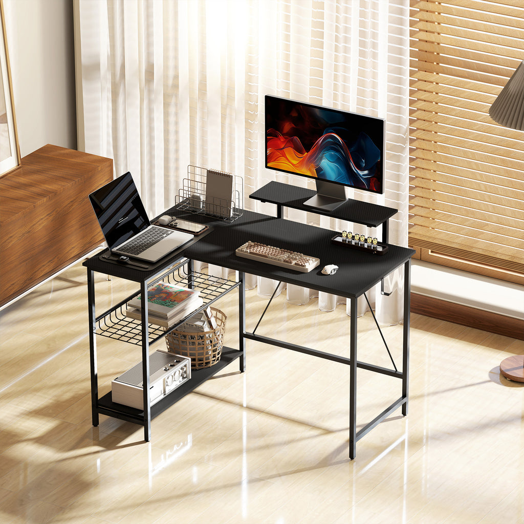 Bureau gaming réversible, bureau gaming d'angle, support pour écran, étagère en maille réglable, 114,5x82x91,5cm, noir-8