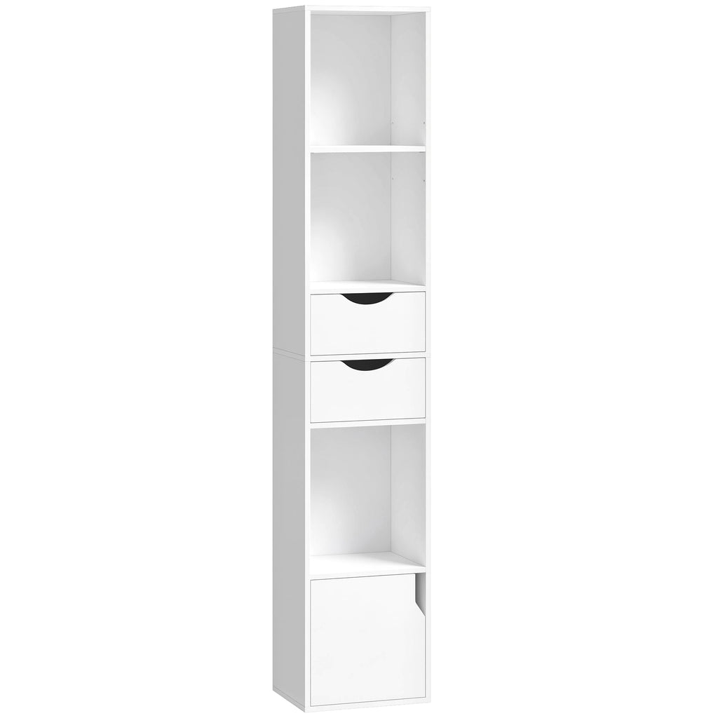 Bibliothèque étagère de rangement avec porte, 2 tiroirs, compartiments ouverts et étagère réglable, 30x24x158cm, blanc-0