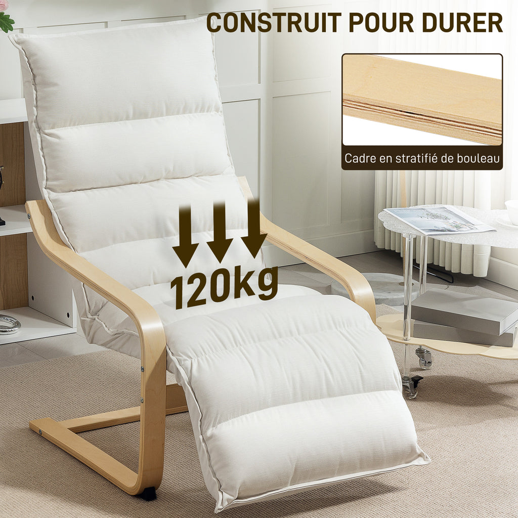 Fauteuil salon, fauteuil d'appoint rembourré en velours, repose-pieds réglable et structure en acier, 67x93x105cm, crème-6