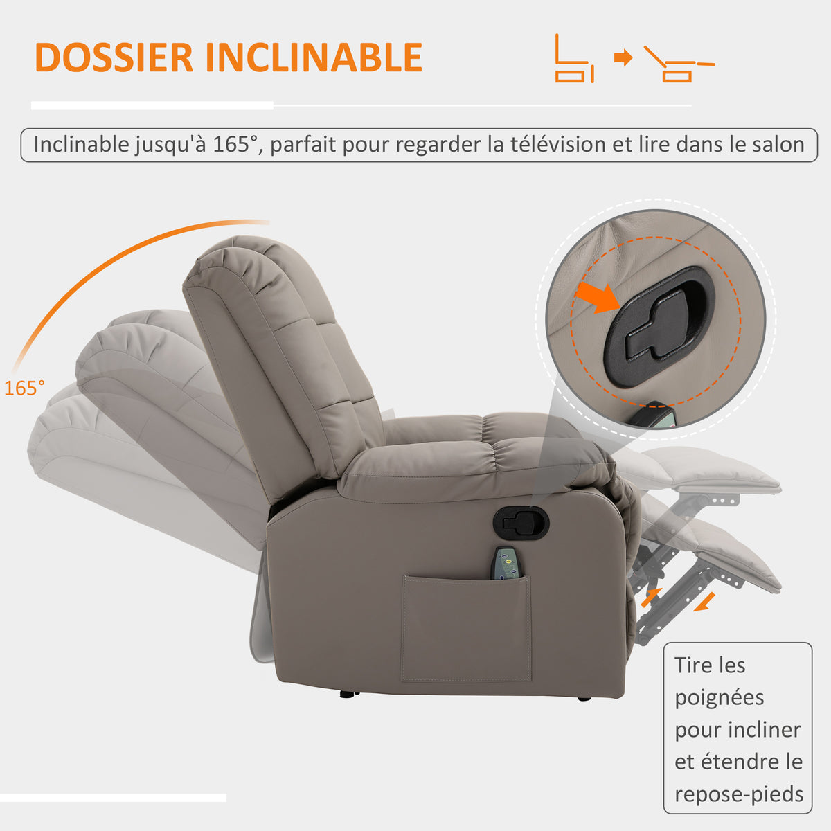Fauteuil de massage fauteuil de relaxation massant avec dossier inclinable manuellement et repose-pied fauteuil TV revêtement synthétique télécommande incluse gris-4