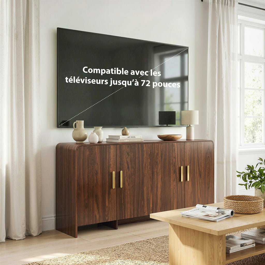 Buffet cuisine, meuble de rangement avec 4 portes à fermeture douce, 4 compartiments et bords arrondis, 152x40x80cm, noyer-5
