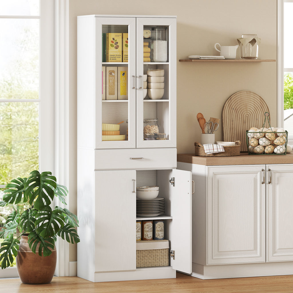 Buffet haut cuisine, armoire de cuisine, 4 portes dont 2 en verre, tiroirs, étagères réglables, 60x35x180cm, blanc-1
