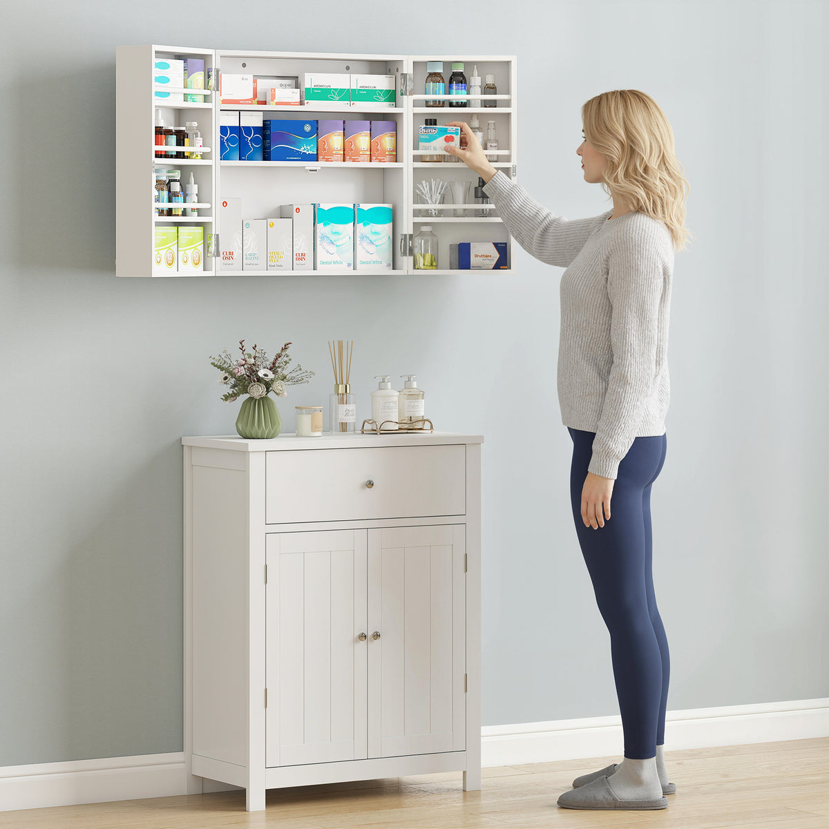Armoire à pharmacie murale, armoire à médicaments avec double porte verrouillable 2 clés, 53x20x53cm, blanc-9