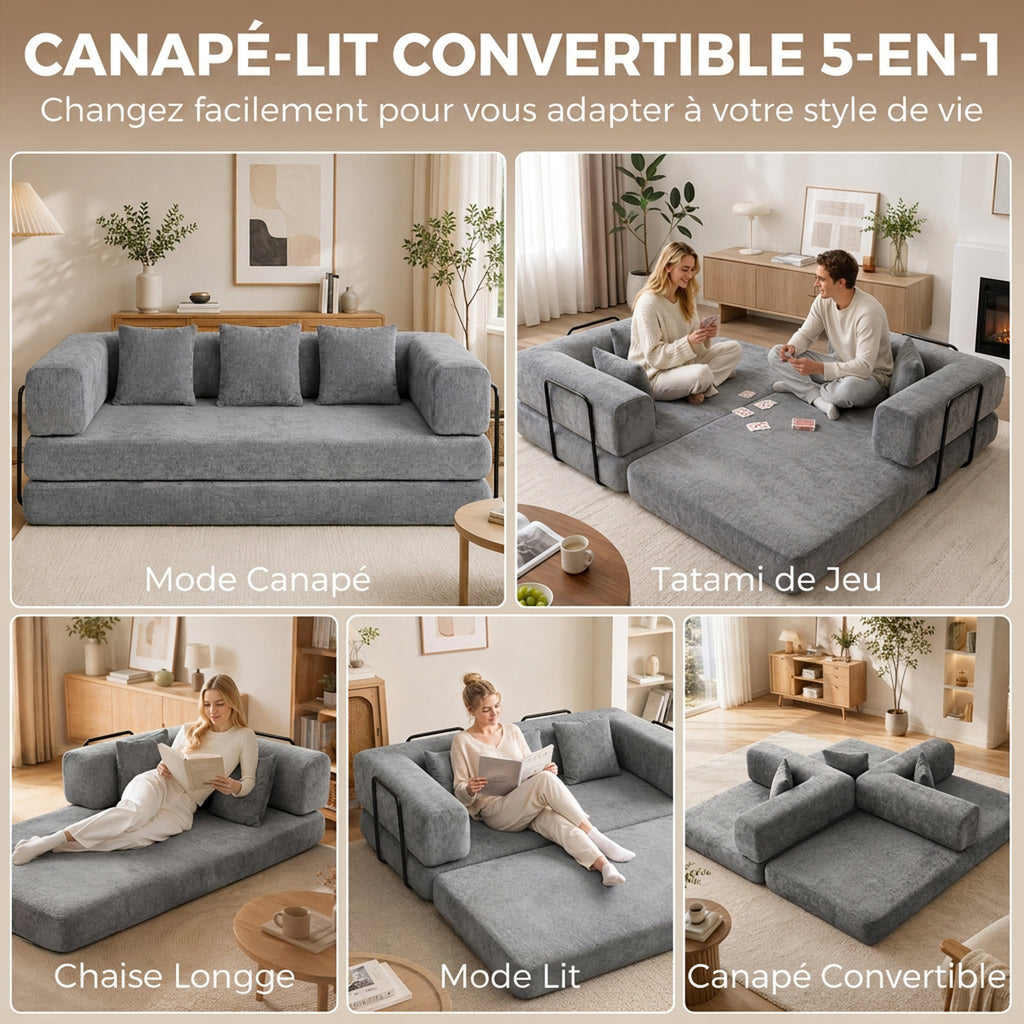 Canapé Convertible 3 Places Compressé 5 en 1, Canapé-Lit en Chenille 205cm, Assise Profonde, 2 Coussins, Gris-3
