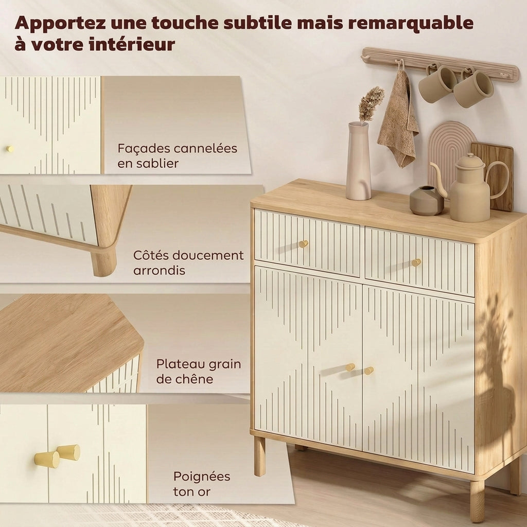 Buffet, meuble de rangement cannelé avec plateau effet chêne, 2 tiroirs, 2 portes, étagère réglable, 77x30x80cm, crème-3