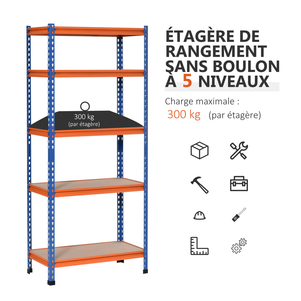 Étagère en métal de garage 5 niveaux capacité 1500 kg 80 x 40 x 182 cm bleu orange-5