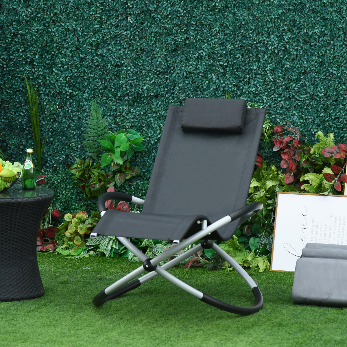 Chaise Longue à Bascule Pliable Rocking Chair avec Matelas revêtement Aspect Daim métal textilène Gris Noir-9
