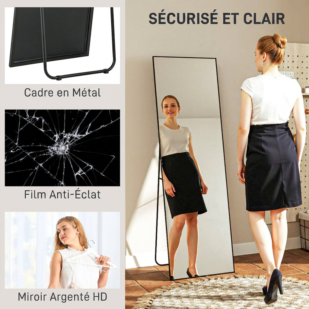 Grand miroir pleine longueur rectangulaire, 50 x 160 cm, miroir sur pied, mural ou pocé contre mur, noir-4