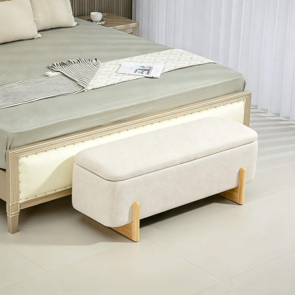 Banc de Rangement, Bout de Lit Rembourré, Charnières de Sécurité, Pieds Forme U en Bois d'Hévéa Stable, Crème-1