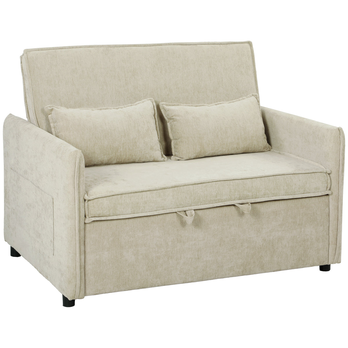 Canapé Convertible 2 Places, Canapé-Lit 3 en 1 Chenille 125 cm avec Dossier Réglable, Assise Large, 2 Oreillers, Crème-0
