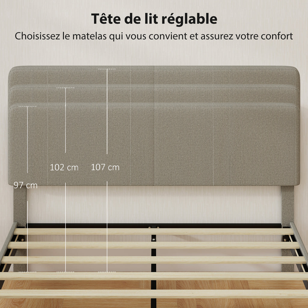 Cadre de lit 160 x 200 cm, sommier à lattes en bois, tête de lit réglable, lit double rembourré en velours côtelé, gris-3