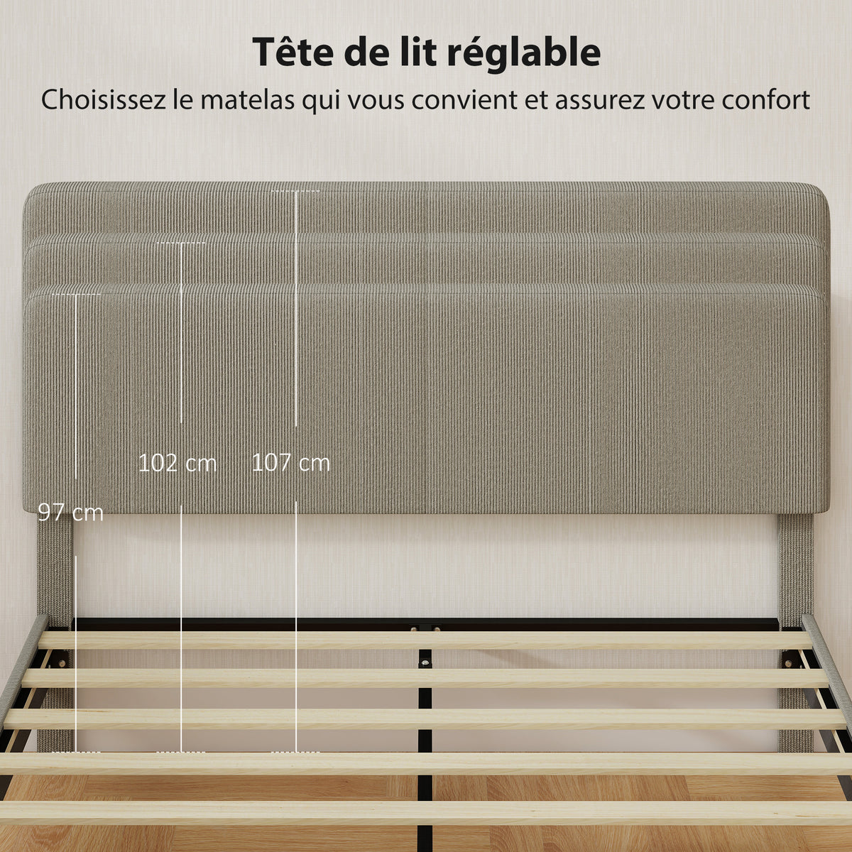 Cadre de lit 160 x 200 cm, sommier à lattes en bois, tête de lit réglable, lit double rembourré en velours côtelé, gris-3