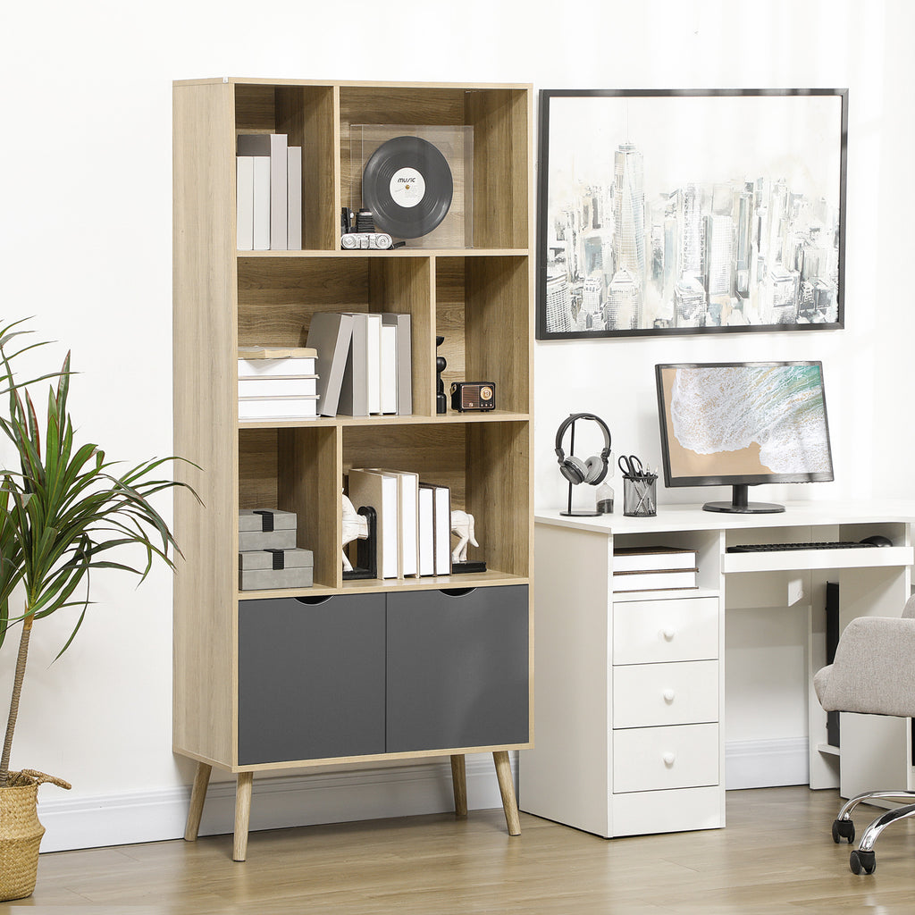 Bibliothèque étagère meuble de rangement placard 6 étagères dim. 80L x 35l x 180H cm naturel et gris foncé-1
