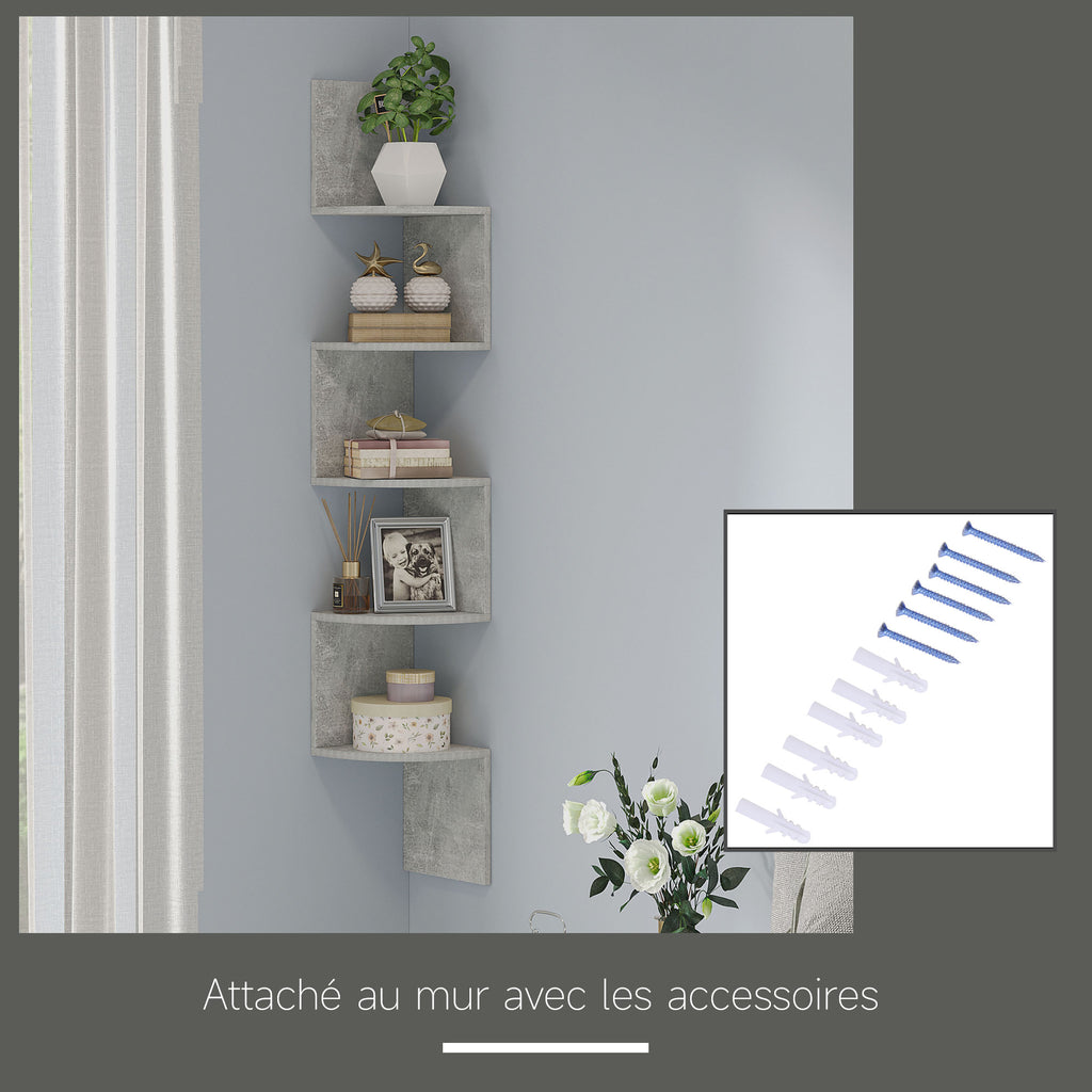 Étagère d'angle Murale de Rangement Forme Zigzag 20L x 20l x 126H cm 5 Niveaux Bois Gris-5