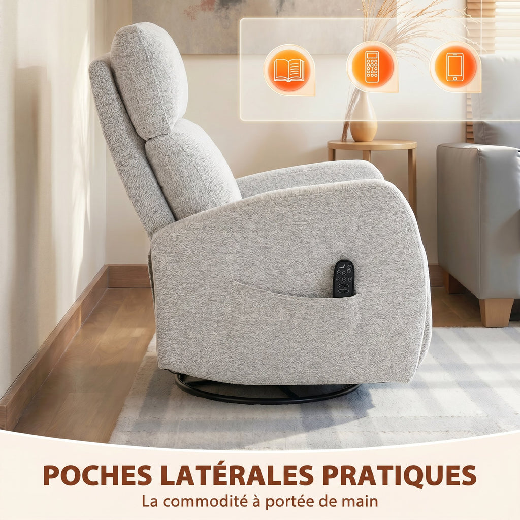 Fauteuil inclinable de massage et chauffage, fauteuil de relaxation en chenille, dossier réglable, pivotant 360°, crème-7