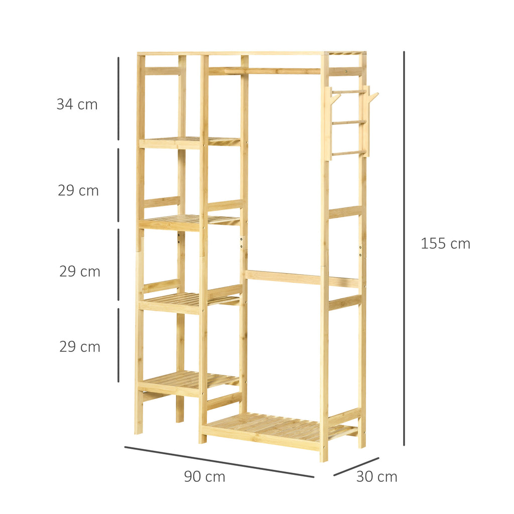 Portant à Vêtements Bambou Penderie Porte-Manteaux avec étagères, Tringle et 2 patères - dim. 90L x 30P x 155H cm-2