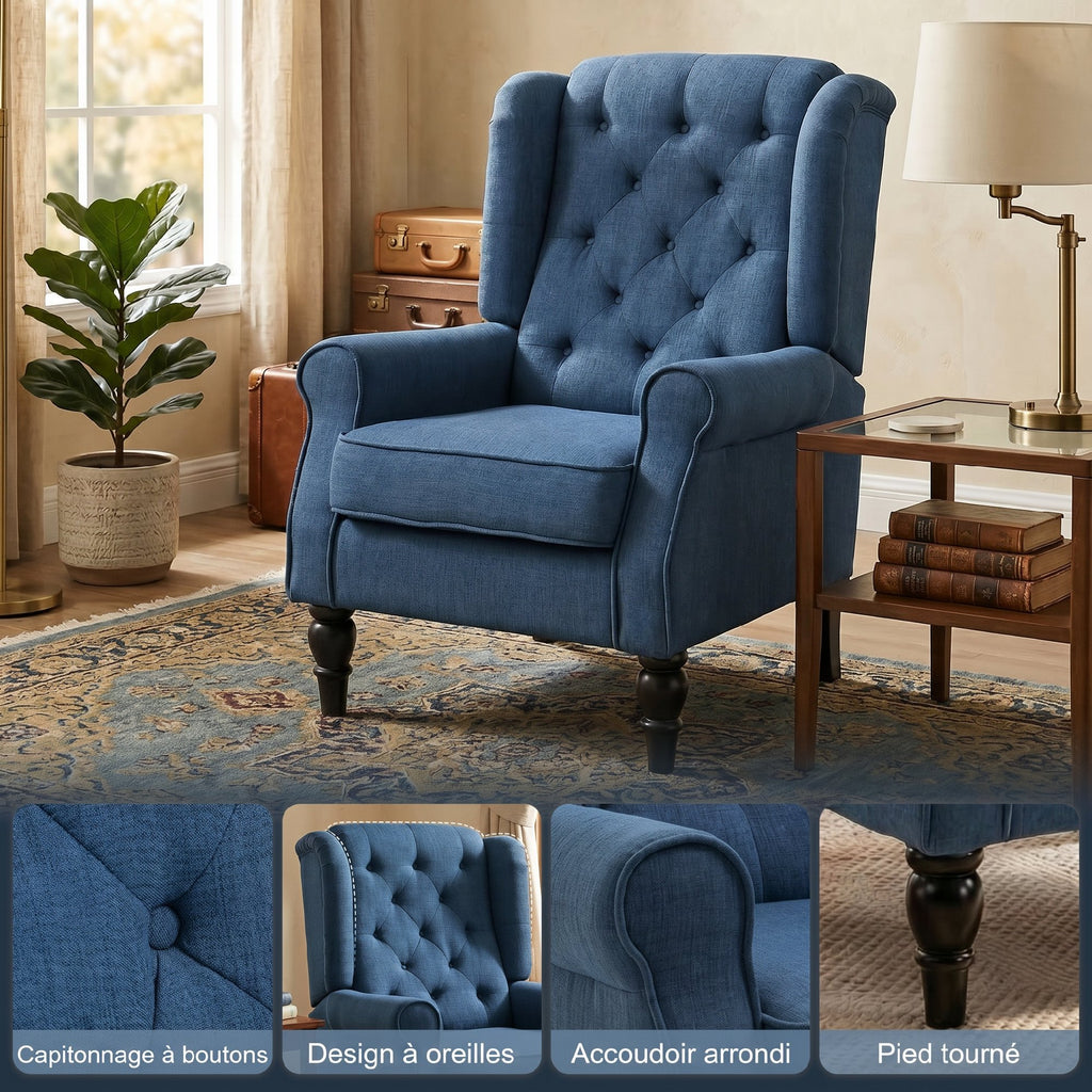 Fauteuil de Salon, Fauteuil Capitonné avec Pieds en Bois, Assise Large, Grand Confort, Classique, 74x86x102cm, Bleu-3