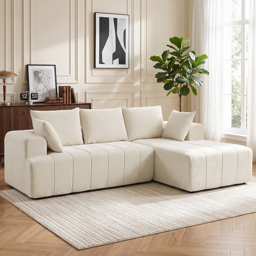 Canapé d'angle 256 cm avec méridienne, canapé-lit 3 places en chenille forme de L, assise et accoudoirs larges, beige-1