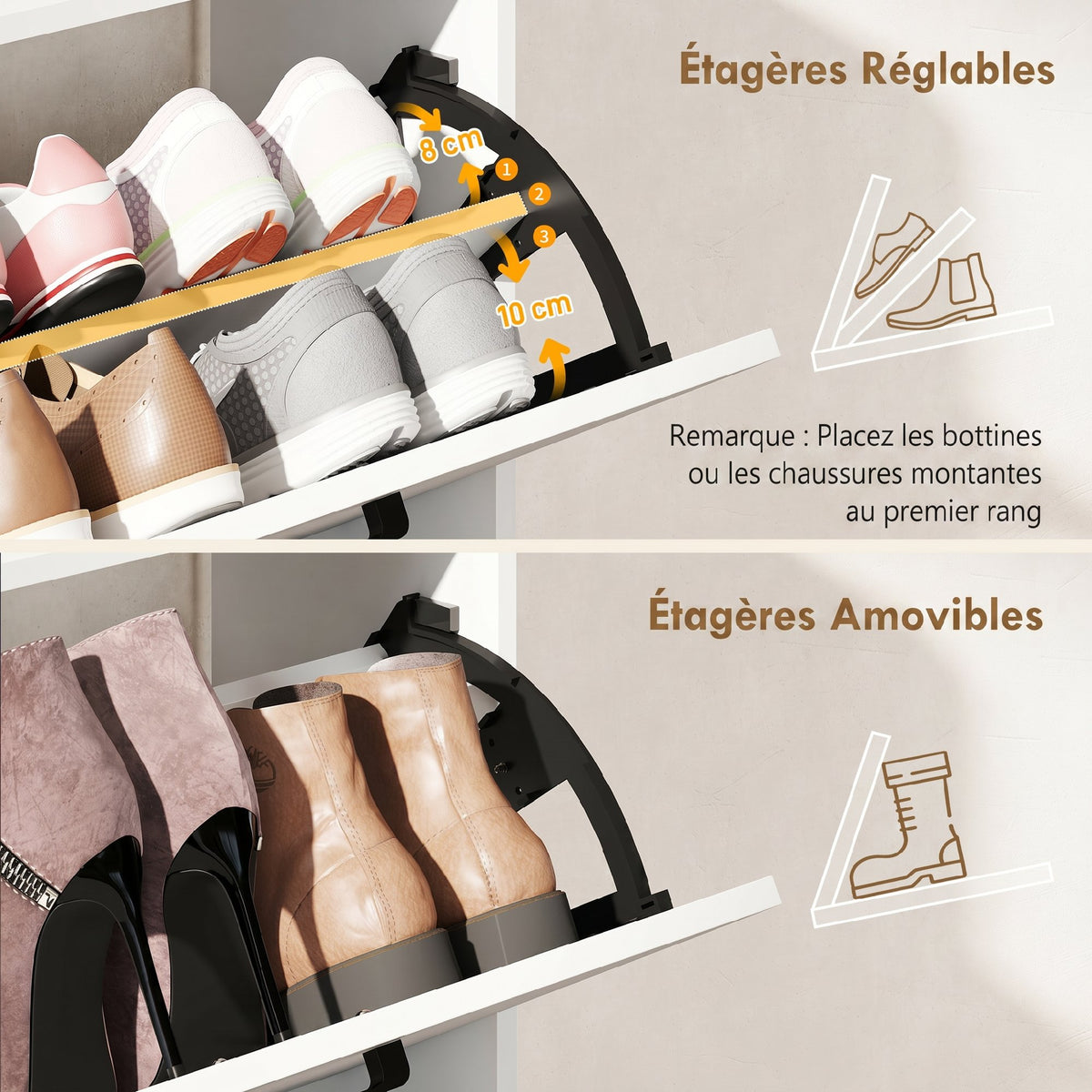 Meuble à chaussures 15 paires, armoire à chaussures moderne avec 2 tiroirs rabattables, 83x24x90,5cm, blanc-4