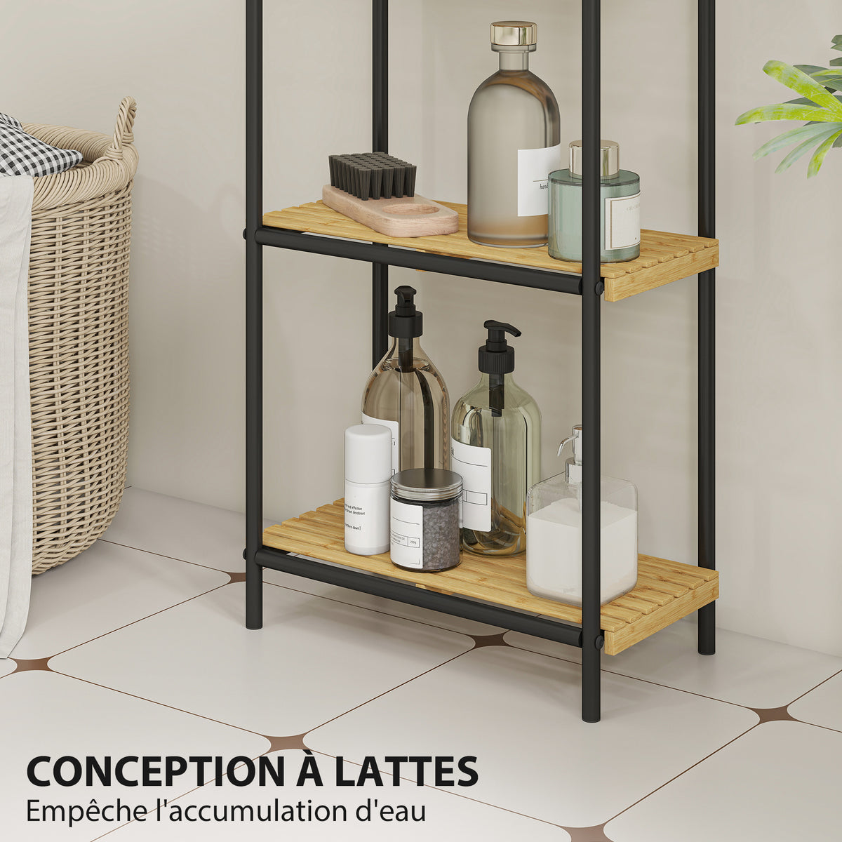 Étagère salle de bain étagère de rangement 4 niveaux étroite autoportante bambou 1,5 x 21,5 x 106 cm effet bois naturel-5