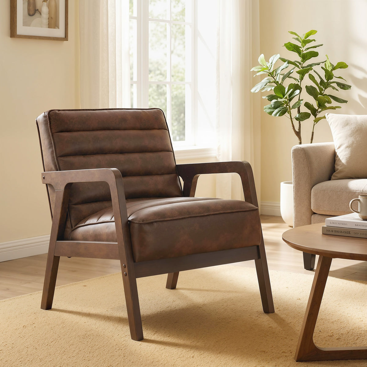 Fauteuil salon, fauteuil d'appoint rembourré en PU avec large assise, coussin épais et structure en bois massif, marron-7