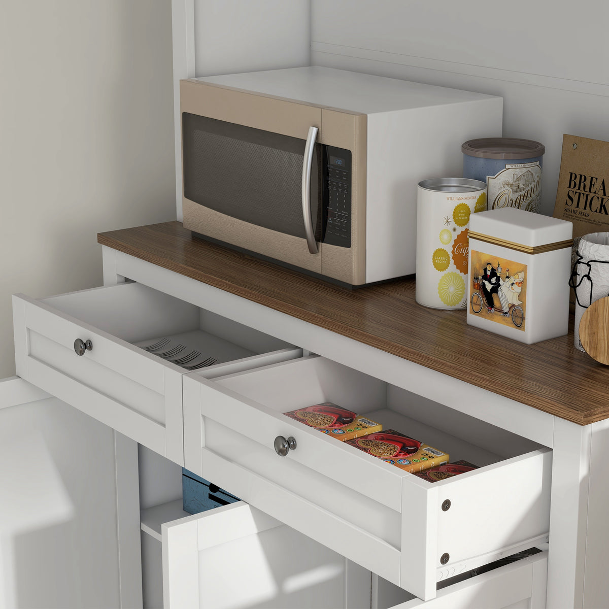 Buffet haut cuisine, armoire de cuisine, 6 portes, 2 tiroirs, plan de travail, étagères réglables, 100x40x180cm, blanc-7