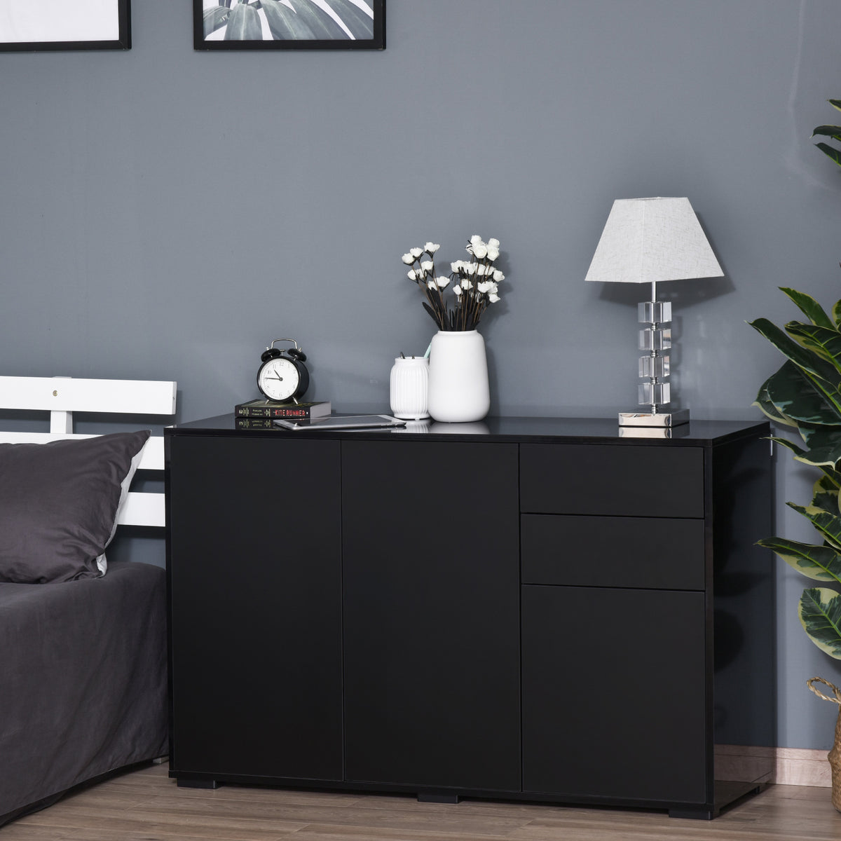 Buffet meuble de rangement 2 tiroirs coulissants 3 portes étagère réglable panneaux de particules 117 x 36 x 74 cm noir-1