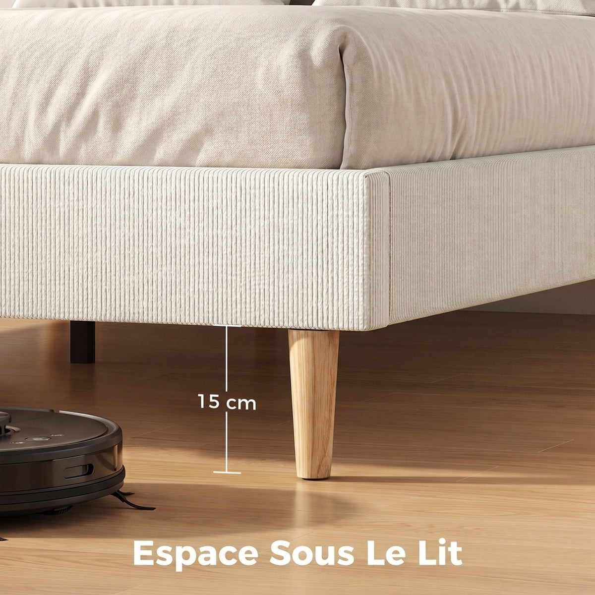 Cadre de Lit 160 x 200 cm avec Sommier, Lit Double Rembourré en Velours Côtelé, Espace de Rangement Au-Dessous, Crème-6