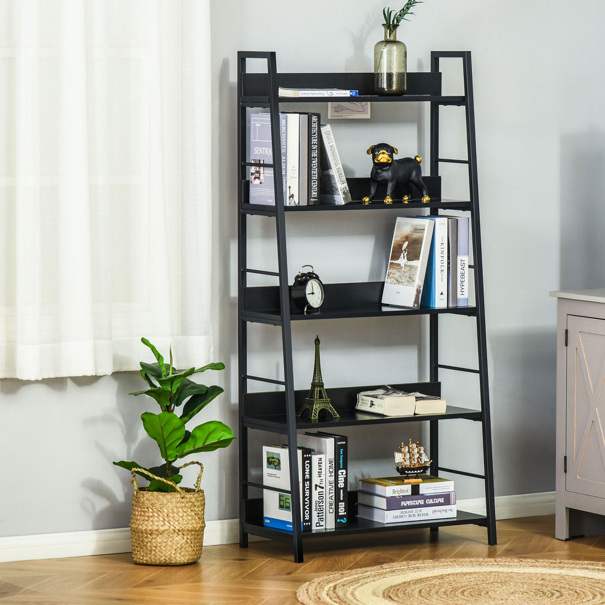 Étagère bibliothèque de Rangement Style Industriel incliné 5 Niveaux 70L x 35l x 150H cm Noir-1