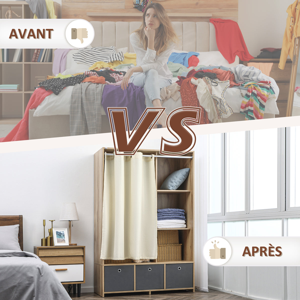 Armoire penderie armoire de rangement avec tringle rideaux 3 tiroirs en tissu amovibles 105 x 48 x 160 cm naturel-6