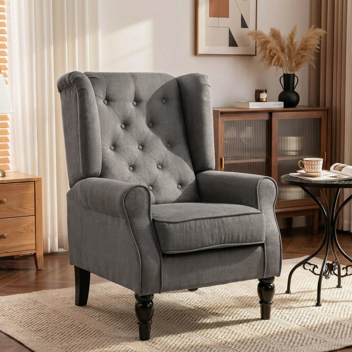 Fauteuil de Salon, Fauteuil d'Appoint Mi-Siècle Moderne en Velours avec Haut Dossier Capitonné à Oreilles, Gris-1