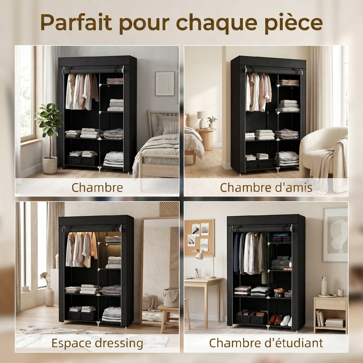 Armoire penderie multi-rangement - 6 étagères, 1 barre - non tissé noir-5