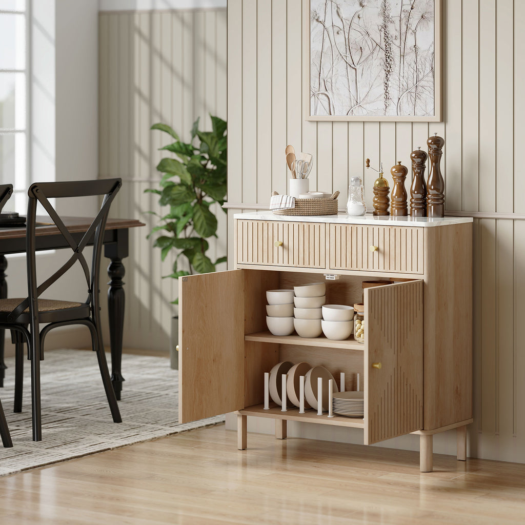 Buffet, meuble de rangement cannelé avec plateau effet marbre, 2 tiroirs, 2 portes, étagère réglable, 77x30x80cm, chêne-7