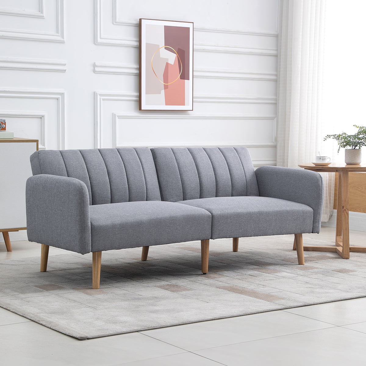 Canapé Convertible 2 Places Design scandinave Dossier inclinable 3 Positions Pieds Bois Tissu Aspect Lin Gris-9