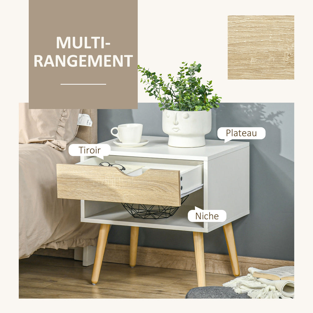 Lot de 2 Tables de Nuit tiroir Niche Design Moderne Panneau de Particules Classe E1 Pieds en Bois Massif 50 x 39 x 51 cm-5
