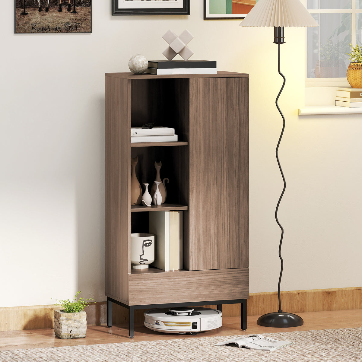 Buffet meuble de rangement avec placard à portes, tiroir, 3 compartiments ouverts et étagères réglables, gris-1