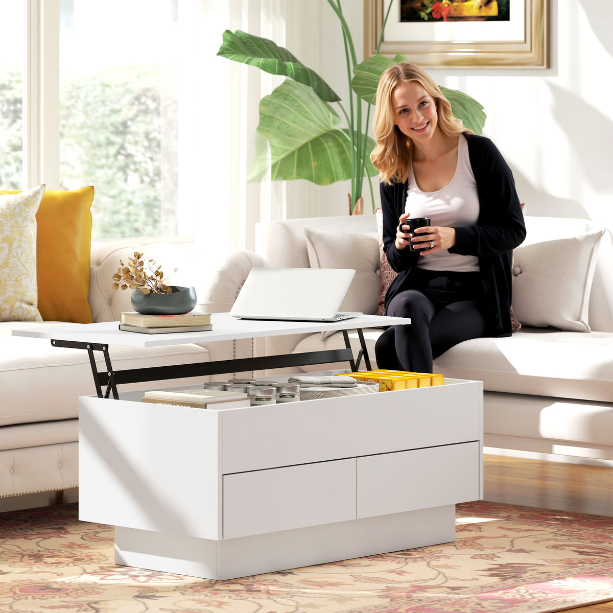 Table basse relevable, table de salon avec compartiment caché et 2 tiroirs, 100 x 50 x 44 cm, blanc-7