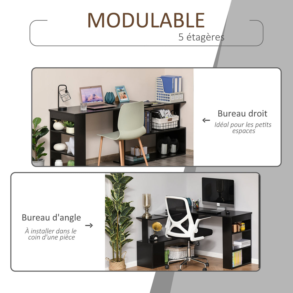 Bureau d'angle table de salle à manger avec rangement bureau informatique modulable bibliothèque intégrée + étagère 3 niveaux noir-5
