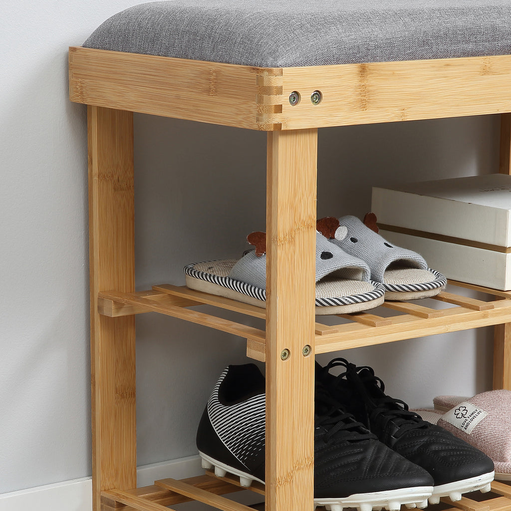 Meuble à Chaussures Banc à Chaussures 2 étagères Coussin Gris intégré Bambou-7