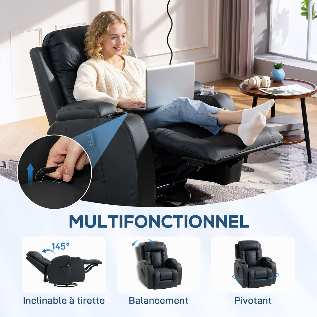 Fauteuil inclinable de massage et chauffage, fauteuil de relaxation, dossier réglable, pivotant 360°, 82x99x103cm, noir-4