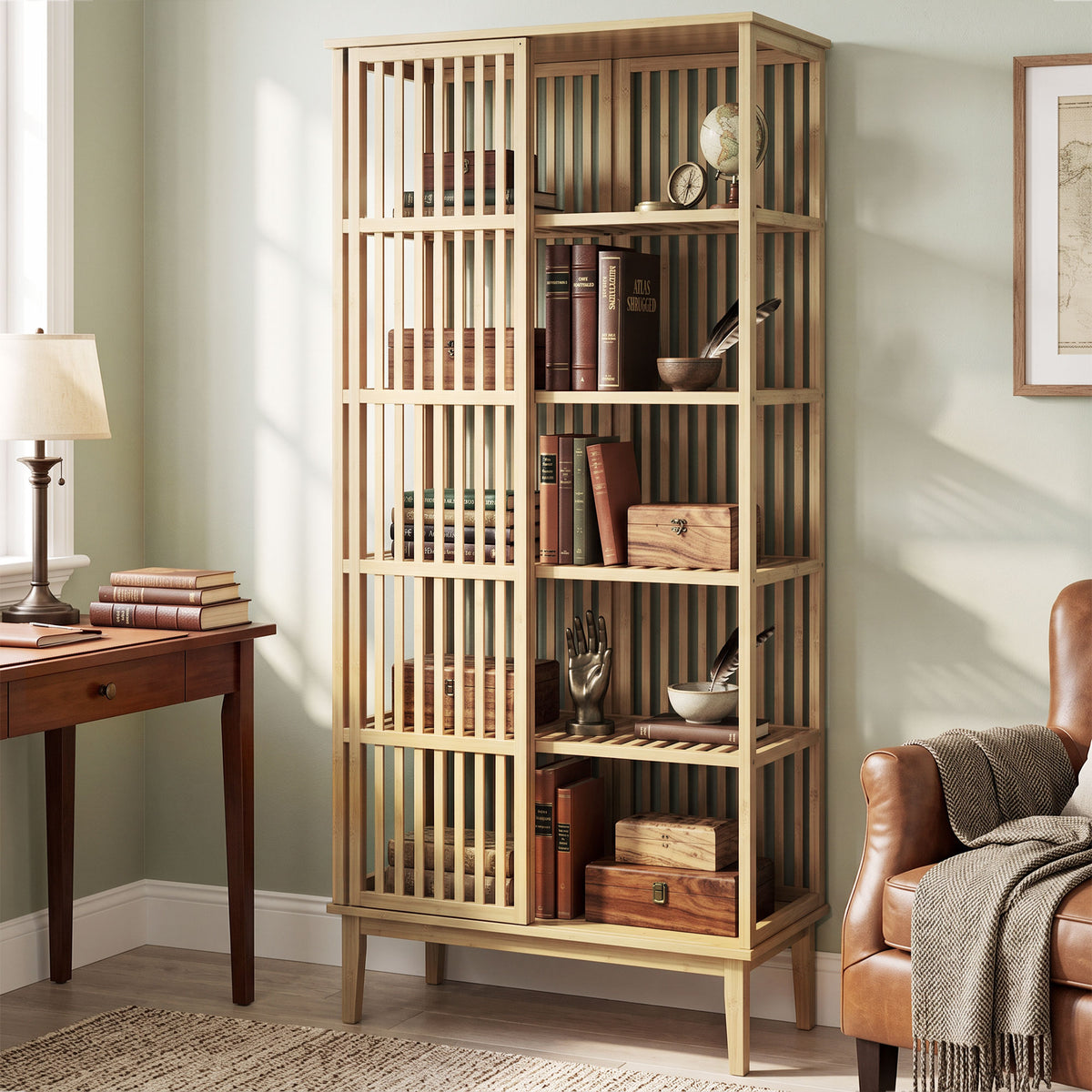 Armoire Chambre Penderie en Bambou 5 Niveaux avec Porte Coulissante, Design Aéré à Lattes, Bois Naturel-8