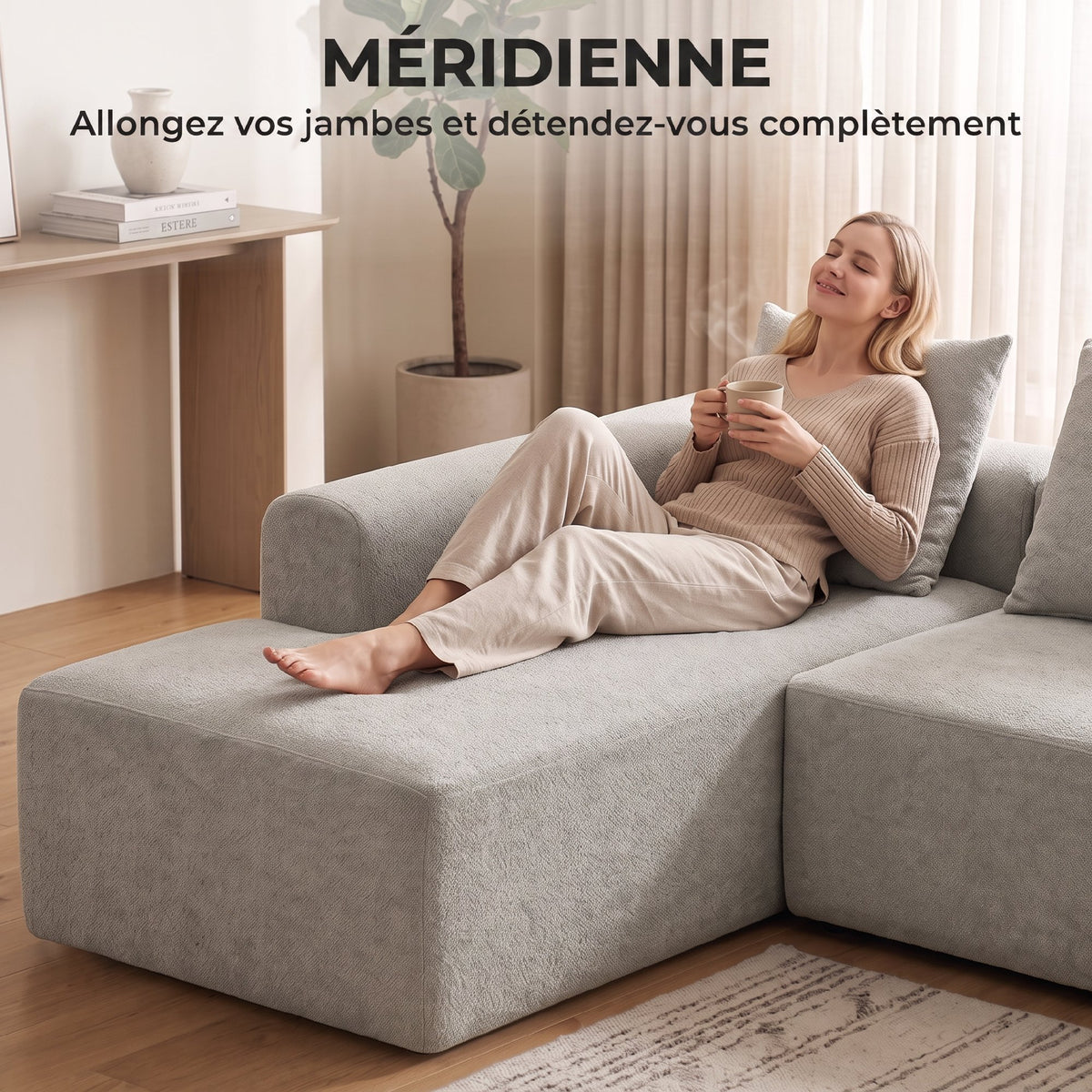 Canapé d'Angle en Chenille, Canapé 3 Places en L 242 cm avec Méridienne, Assise Profonde, Accoudoirs Larges, Gris Clair-3