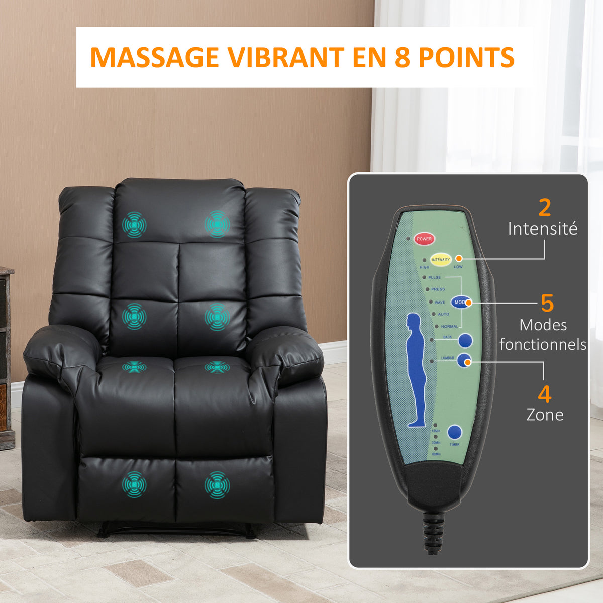 Fauteuil de massage fauteuil de relaxation massant avec dossier inclinable manuellement et repose-pied chaise TV-6